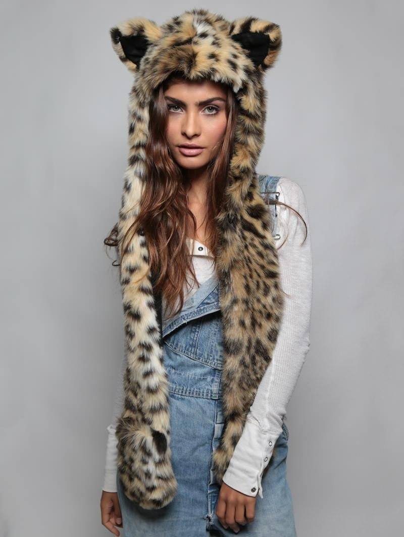 Woman wearing faux fur Cheetah SpiritHood