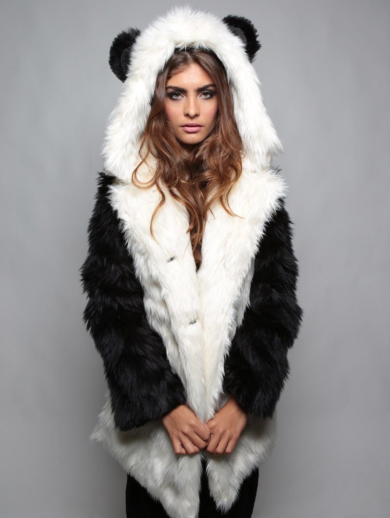 Female Wearing Classic Panda Faux Fur Coat 