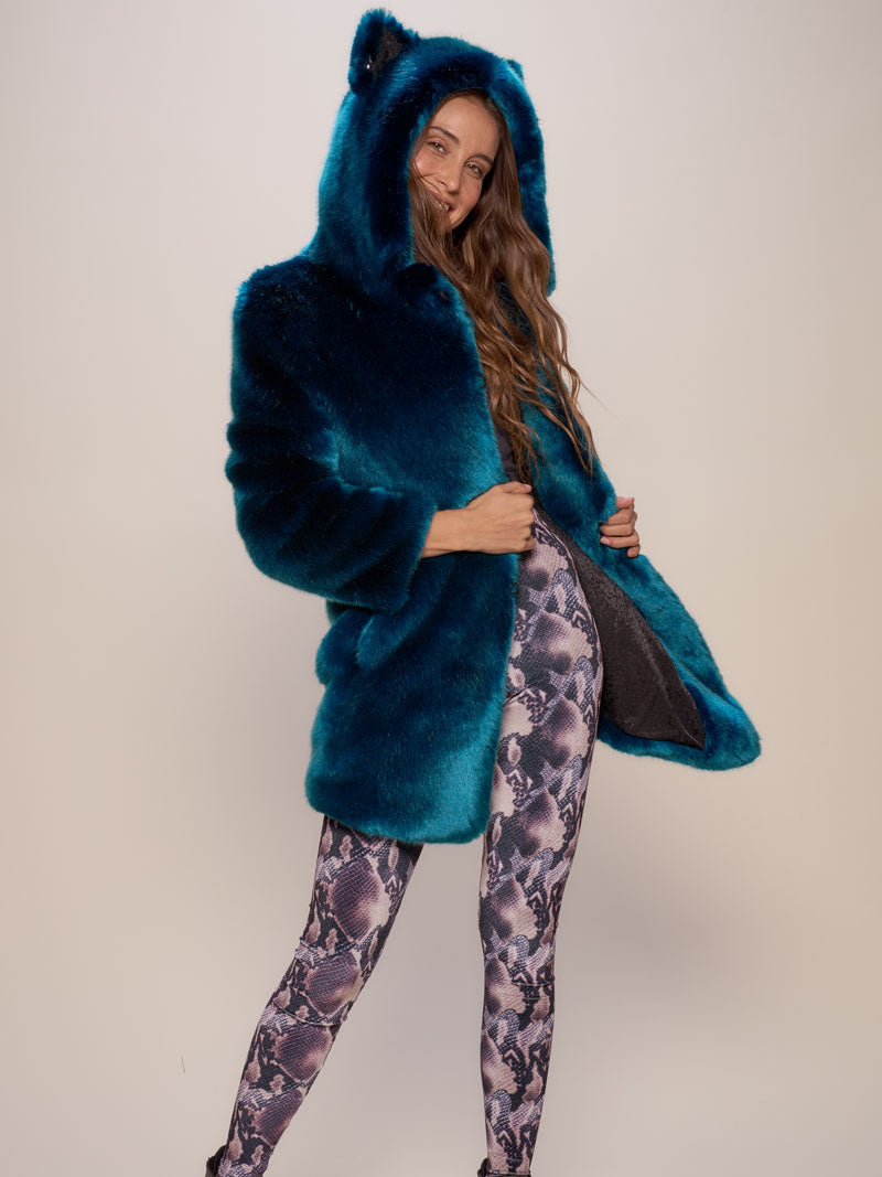 Royal Wolf Teal Faux Fur Women's Coat with Hood | SpiritHoods
