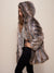  Hooded Grey Wolf Dia De Los Muertos Faux Fur Coat on Female Model