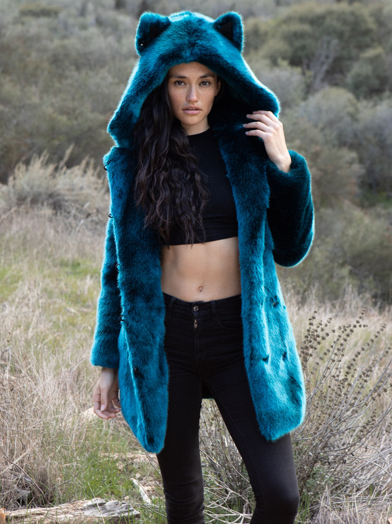 Royal Wolf Teal Faux Fur Women's Coat with Hood