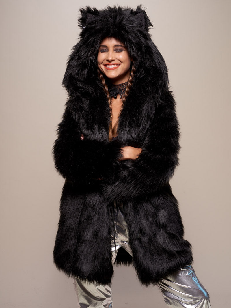Black Wolf Faux Fur Women's Black Coat with Hood | SpiritHoods