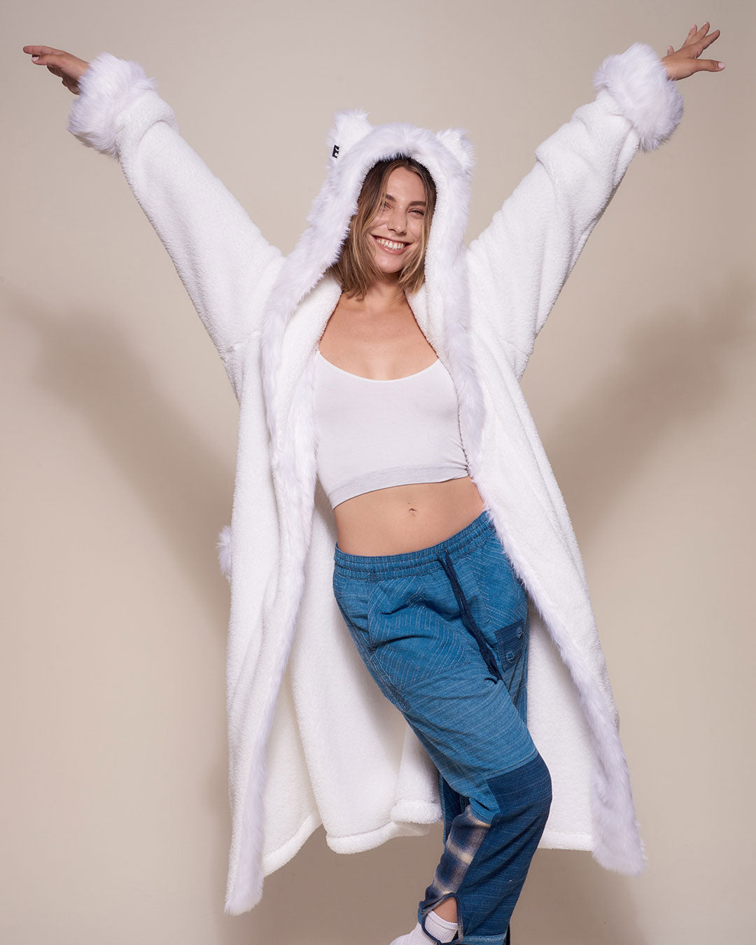 Woman wearing Arctic Wolf Classic Faux Fur Robe, front view 1