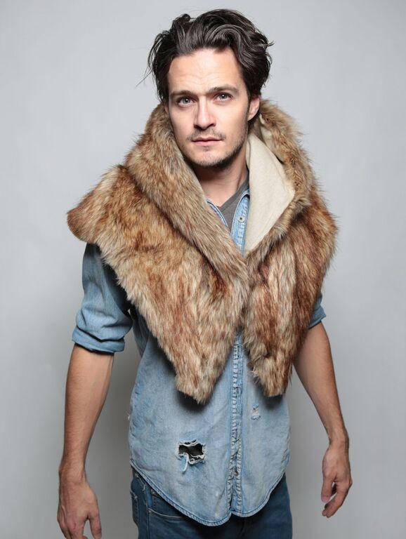 Man wearing SpiritHood Coyote Faux Fur Shawl, front view 3