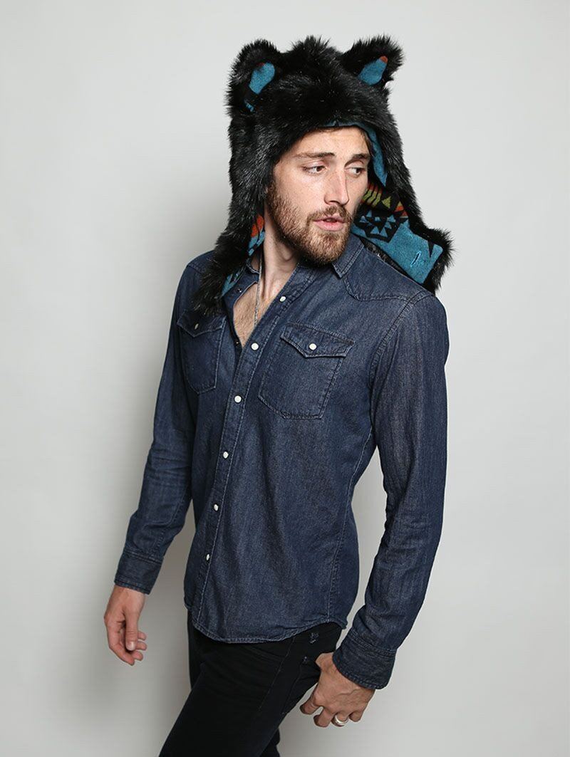 Man wearing Black Wolf Faux Fur Half Hood, side view 4