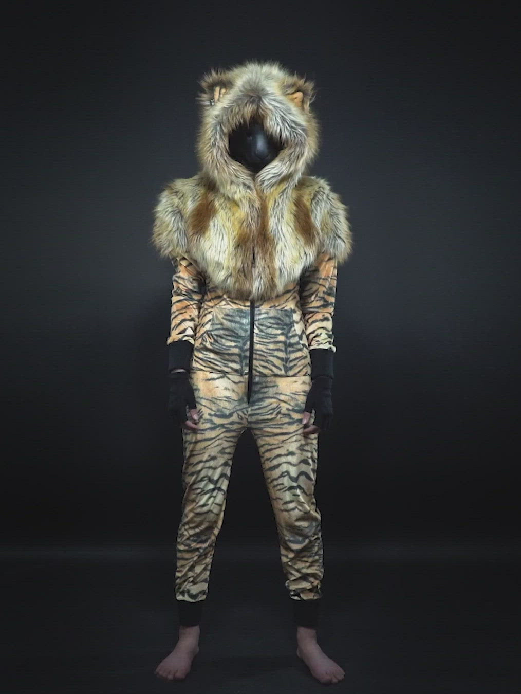 Man wearing Liger Velvet Classic Faux Fur Animal Onesie, full view