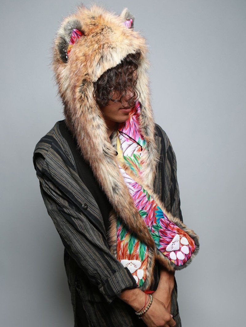 Man wearing faux fur Flying Fox Collector SpiritHood, side view