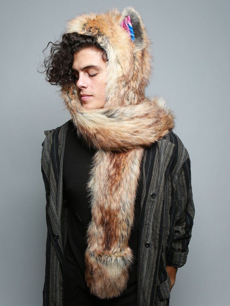 Man wearing faux fur Flying Fox Collector SpiritHood, side view 1