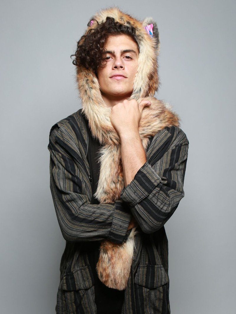 Man wearing faux fur Flying Fox Collector SpiritHood, front view