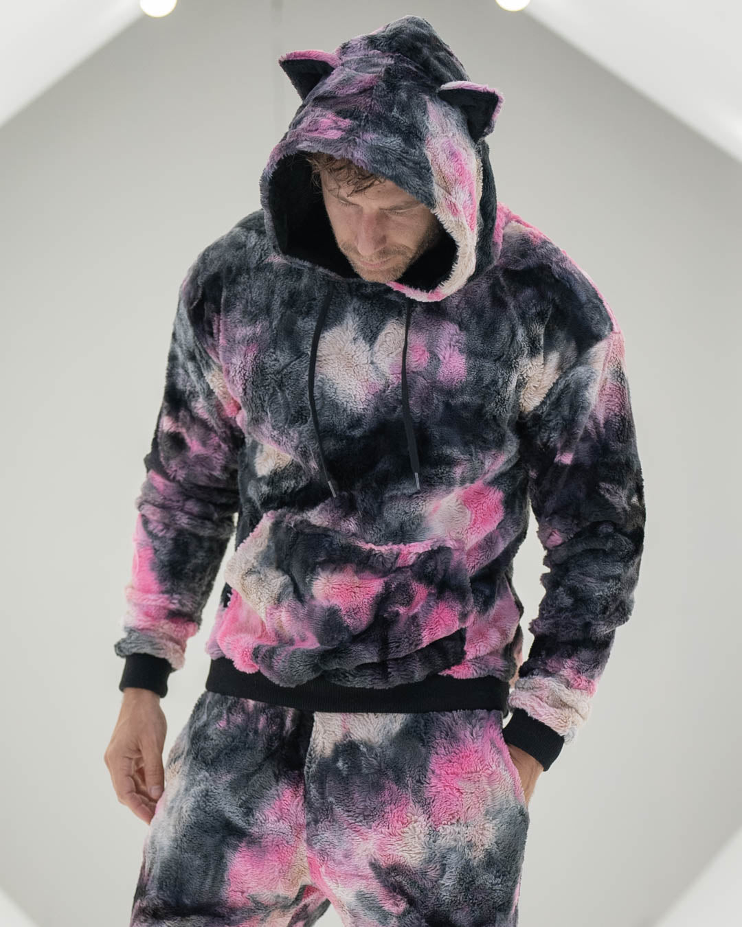 Fur Hoodie in Tie Dye Pink & Black for Men - SpiritHoods