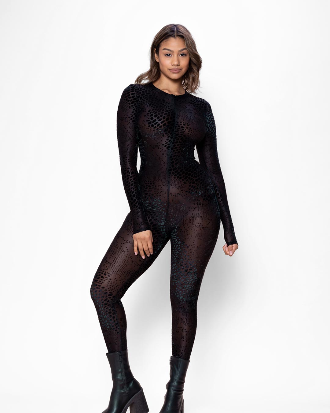 Black Burnout Mesh Web Print Long Sleeve Backless Bodysuit