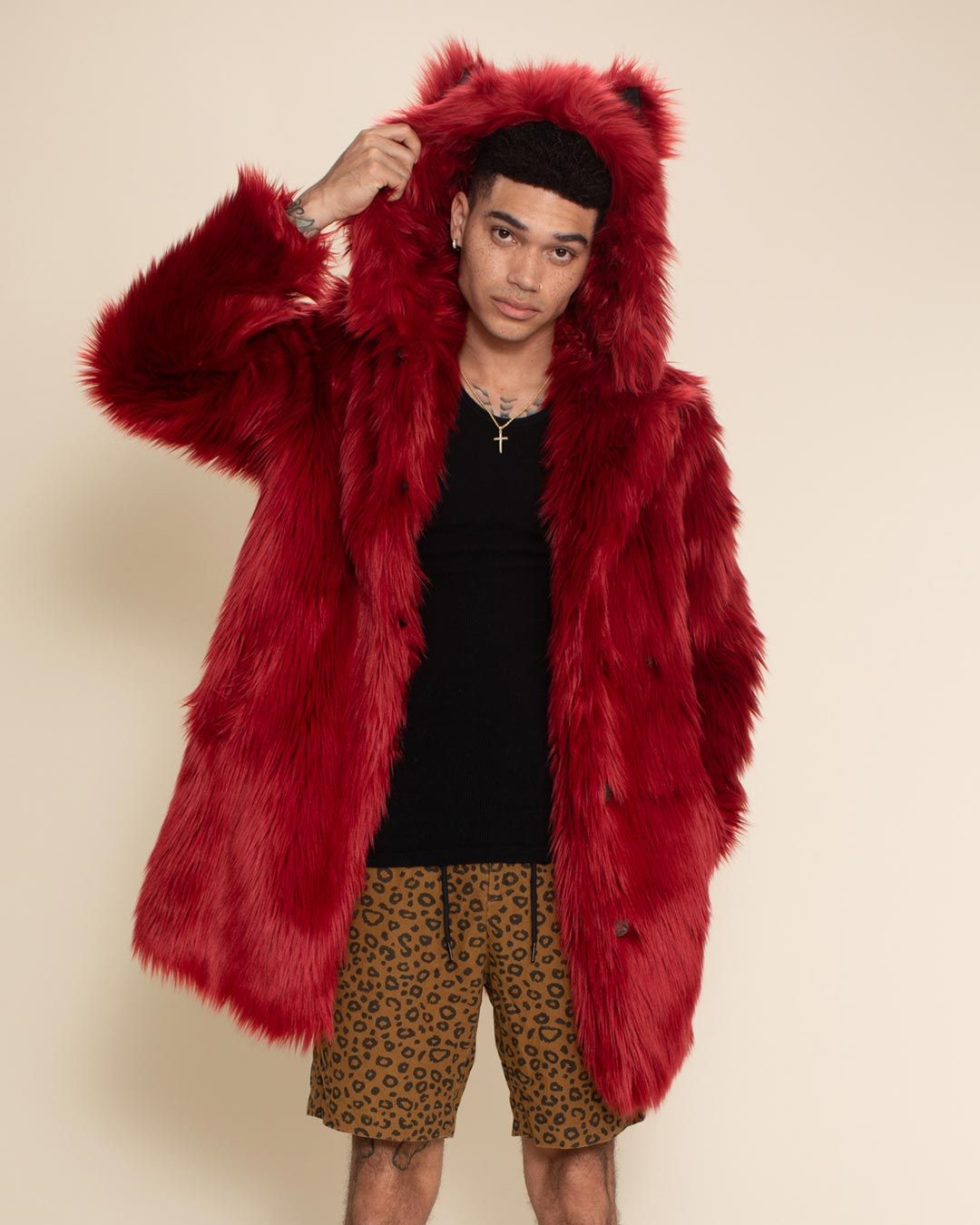 Mens Long Fox Fur Coat Hoodded Winter Coats Oversized Red Real Fur Coat 