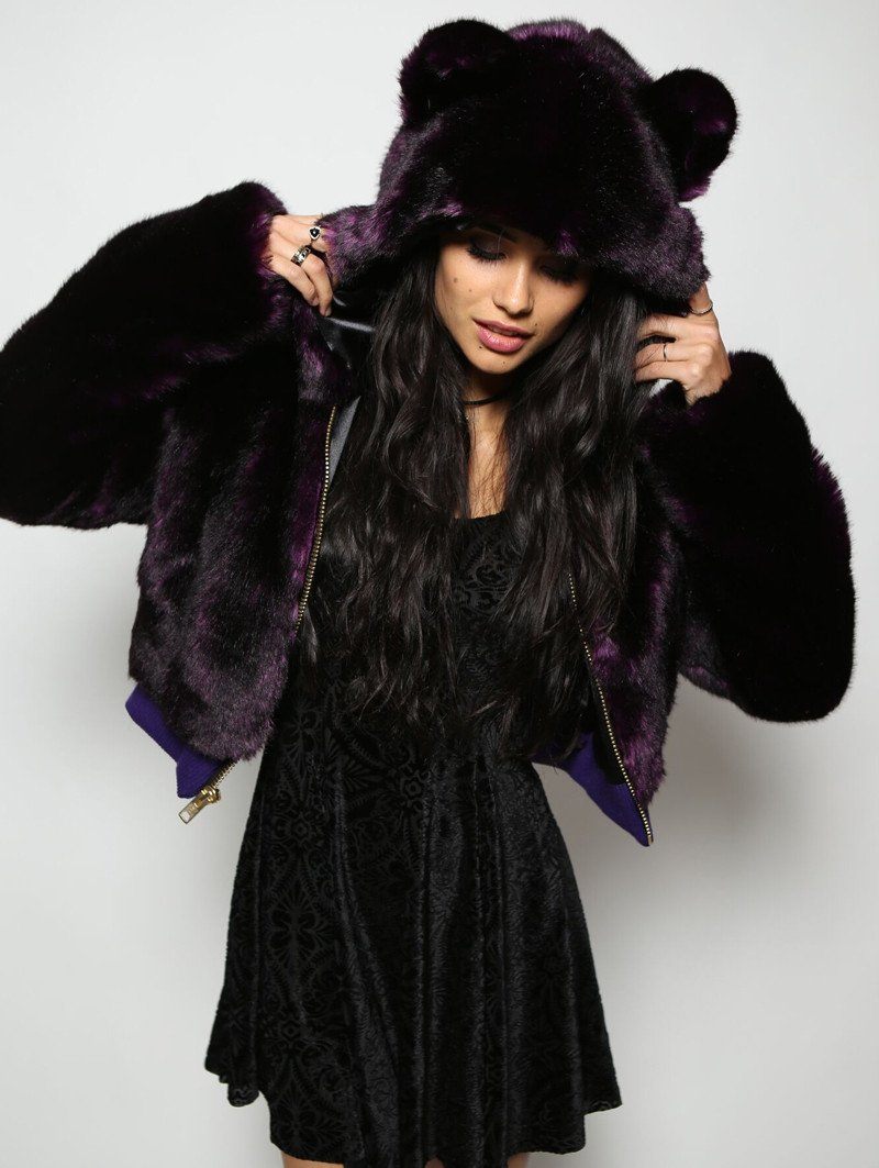 Woman wearing faux fur Midnight Purple Wolf Crop Jacket, front view 2