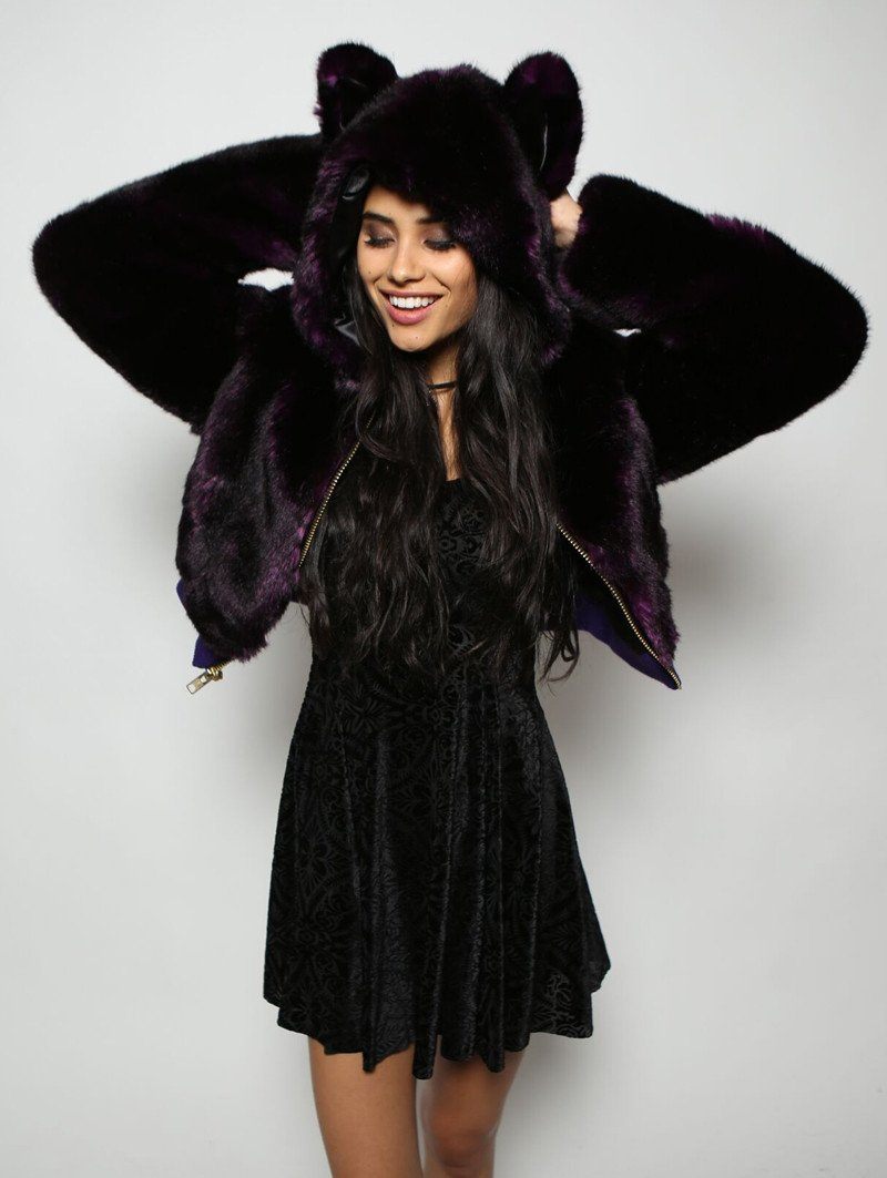 Woman wearing faux fur Midnight Purple Wolf Crop Jacket, front view 4