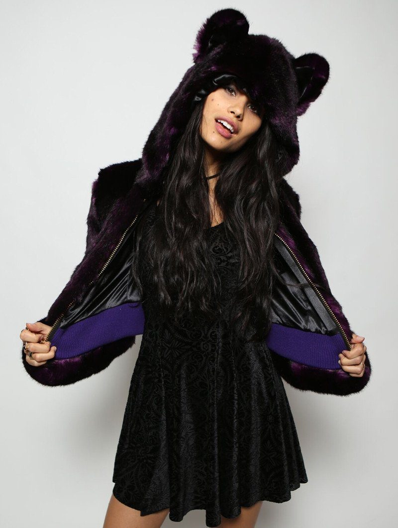 Woman wearing faux fur Midnight Purple Wolf Crop Jacket, front view 3