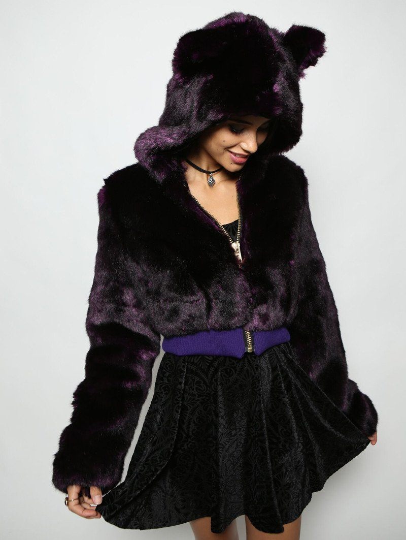 Woman wearing faux fur Midnight Purple Wolf Crop Jacket, front view 1