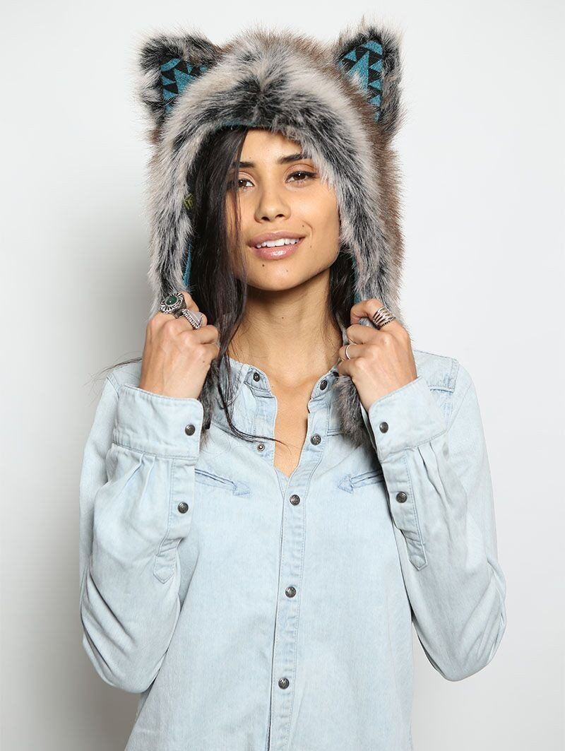 Grey Wolf Faux Fur with Half Hood on Female