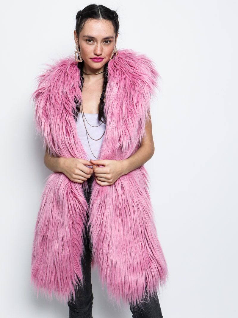 Hooded Faux Fur Long Vest with Ballerina Design