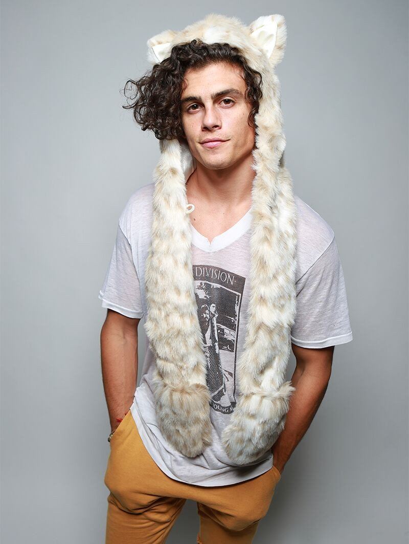 Man wearing Snow Leopard Faux Fur SpiritHood, front view