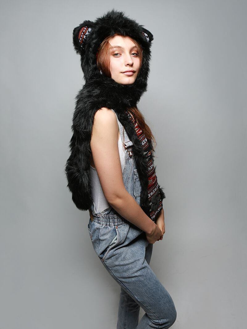 Woman wearing Faux Fur Black Bear SpiritHood, side view