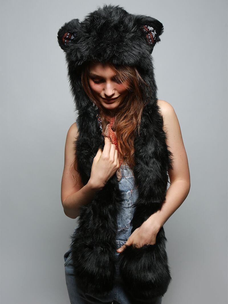 Woman wearing Faux Fur Black Bear SpiritHood, front view 2