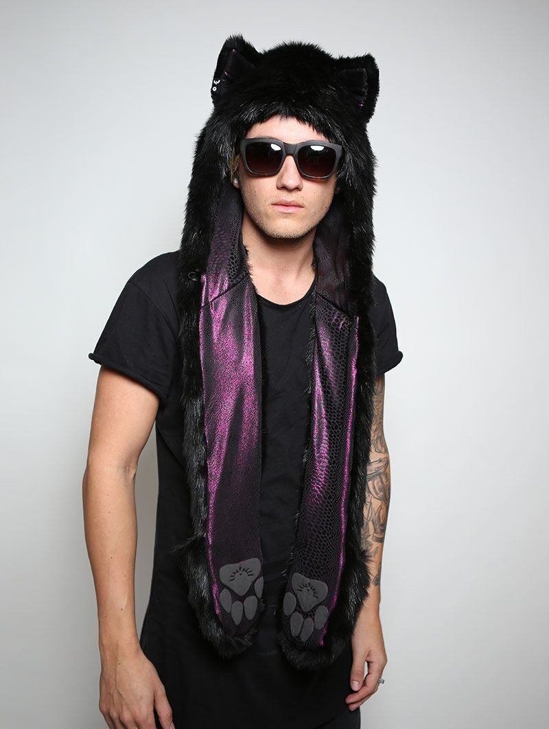 Man wearing faux fur Black Wolf Collectors SpiritHood, front view 1