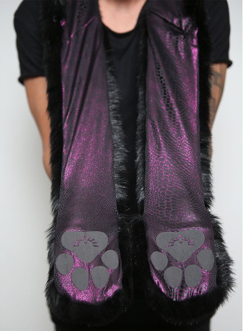 Man wearing faux fur Black Wolf Collectors SpiritHood, front view 2