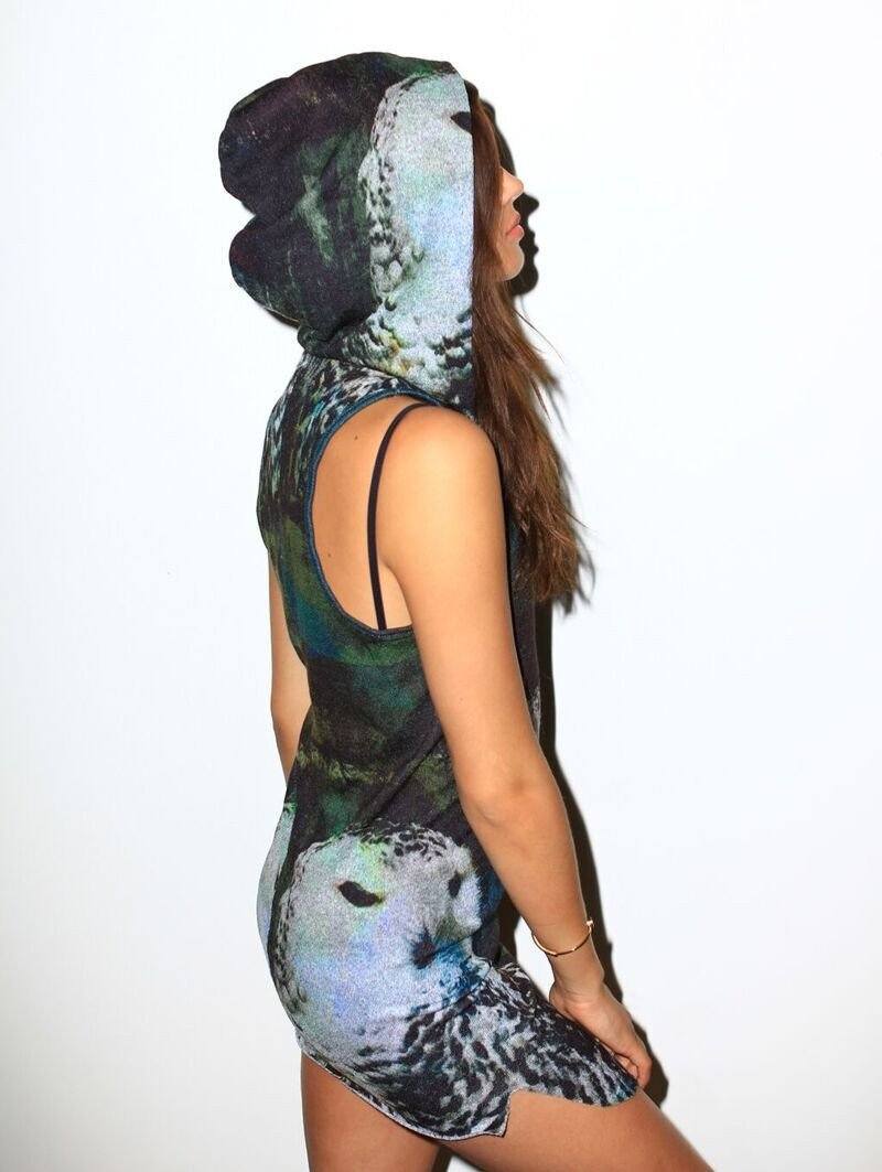 Woman wearing Limited Edition Unisex Owl Hooded Tank, side view