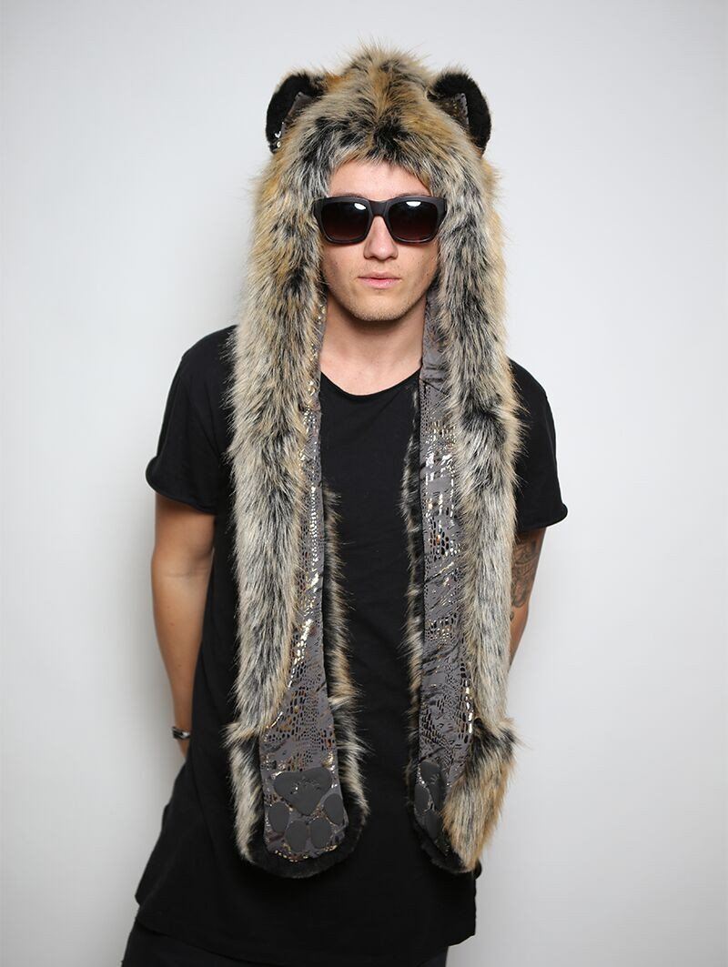 Man wearing faux fur Red Wolf Snakeskin SpiritHood, front view 2