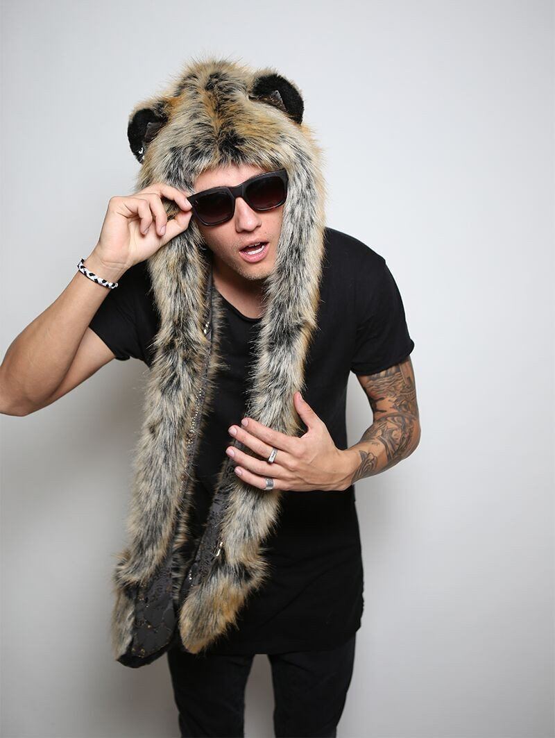 Man wearing faux fur Red Wolf Snakeskin SpiritHood