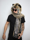 Man wearing faux fur Red Wolf Snakeskin SpiritHood, side view