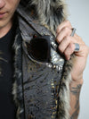 Man wearing faux fur Red Wolf Snakeskin SpiritHood, front view 1