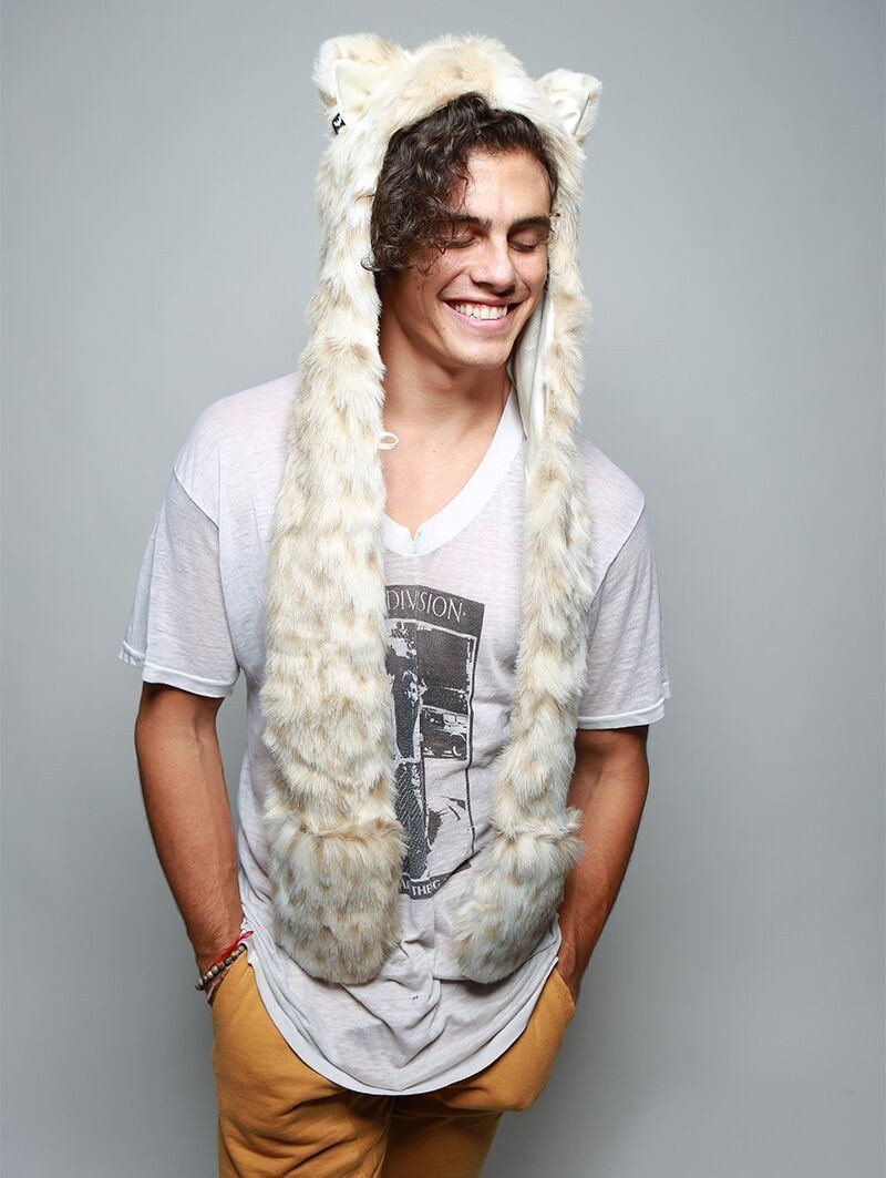 Man wearing Snow Leopard Faux Fur SpiritHood, front view 2