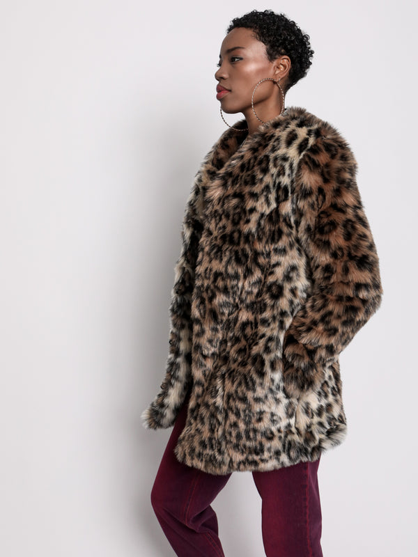 Leopard V-Neck Faux Fur Coat - Women's Wild Elegance - SpiritHoods