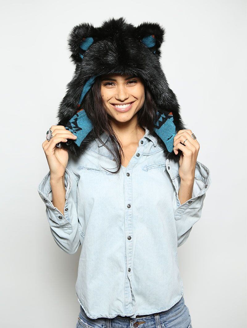 Woman wearing Black Wolf Faux Fur Half Hood, front view